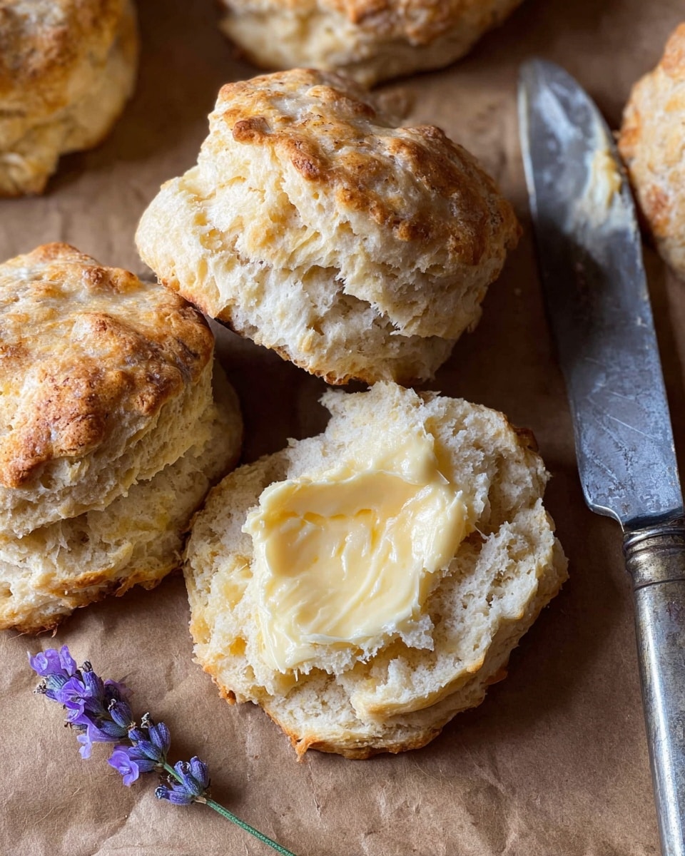 A close-up of soft, round biscuits with a golden-brown, slightly crispy top layer. One biscuit is torn open to show its fluffy, light beige inside textured with small holes. The torn biscuit has a pale yellow layer of creamy butter spread unevenly on the inside. The biscuits are placed on brown parchment paper, with small purple lavender flowers scattered around. A silver stainless steel butter knife lies beside the biscuits on the paper. The background is a white marbled texture. photo taken with an iphone --ar 4:5 --v 7