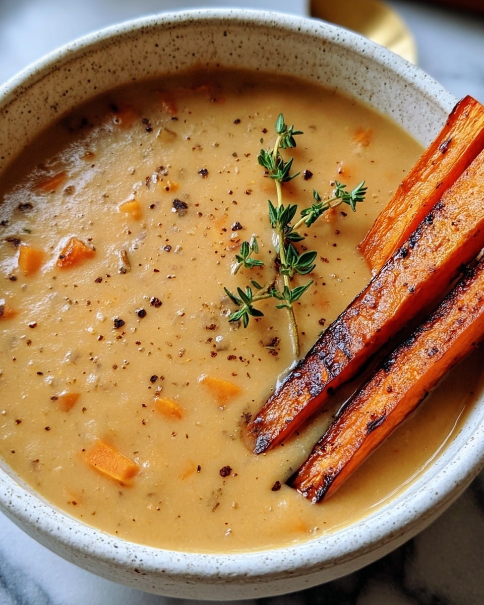 A close-up view of a creamy, thick soup in a white bowl with brown speckles, filled to the brim with a tan-colored base containing small orange chunks and black pepper specks. On top, three charred, bright orange roasted sweet potato sticks lean against the side, accompanied by a small sprig of fresh green thyme placed neatly in the center. The bowl rests on a white marbled surface. photo taken with an iphone --ar 4:5 --v 7