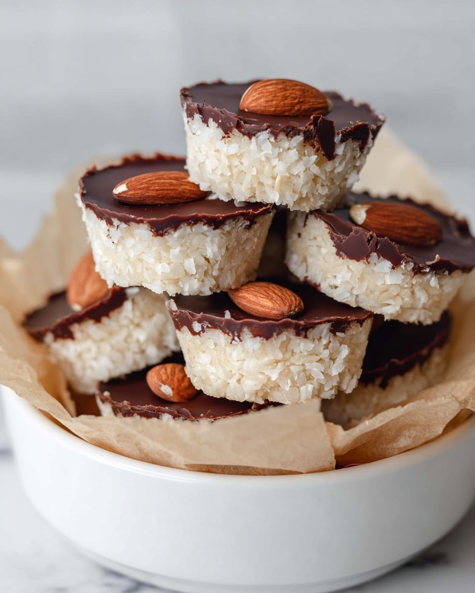 The image shows a pile of small round treats stacked in a white bowl lined with light brown paper. Each treat has two visible layers: a textured, crumbly white bottom layer and a smooth, dark brown chocolate top layer. Most treats have one whole almond placed on top of the chocolate layer, adding a smooth brown contrast. The background is a soft, white marbled texture, and the focus is sharp on the layered treats. photo taken with an iphone --ar 4:5 --v 7