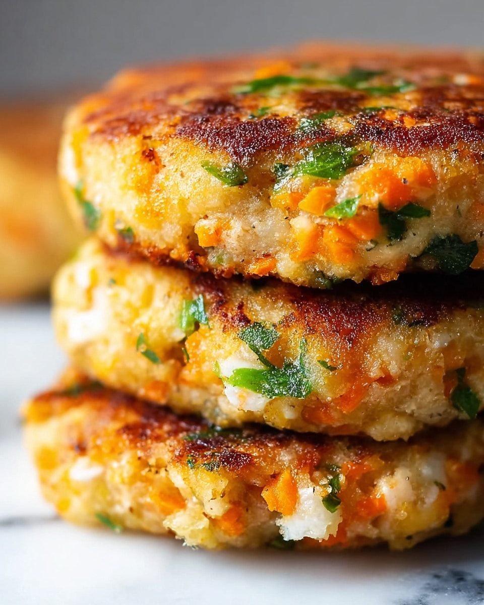 The image shows a close-up of a stack of three thick patties. Each patty has a golden-brown crispy outside with visible small green herb pieces and orange bits inside, giving a textured look. The patties are round and layered one on top of the other, sitting on a white plate with a slightly blurred white marbled background. The texture looks soft inside but crunchy on the outside, with a few herbs sprinkled on top for garnish. Photo taken with an iphone --ar 4:5 --v 7