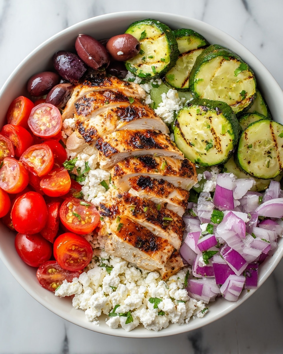 A white bowl filled with a fresh, colorful salad arranged in neat sections over a base of crumbly white cottage cheese. At the center, there are slices of grilled golden-brown chicken breast with grill marks and chopped green herbs sprinkled on top. To the left, bright red grape tomatoes, some sliced in half showing their juicy insides, and dark purple olives sit next to finely chopped purple onions. On the right side, grilled cucumber slices with char marks are placed, and chunks of white feta cheese are scattered nearby. The bowl is set on a white marbled surface with a few olives and a halved cherry tomato beside it. photo taken with an iphone --ar 4:5 --v 7