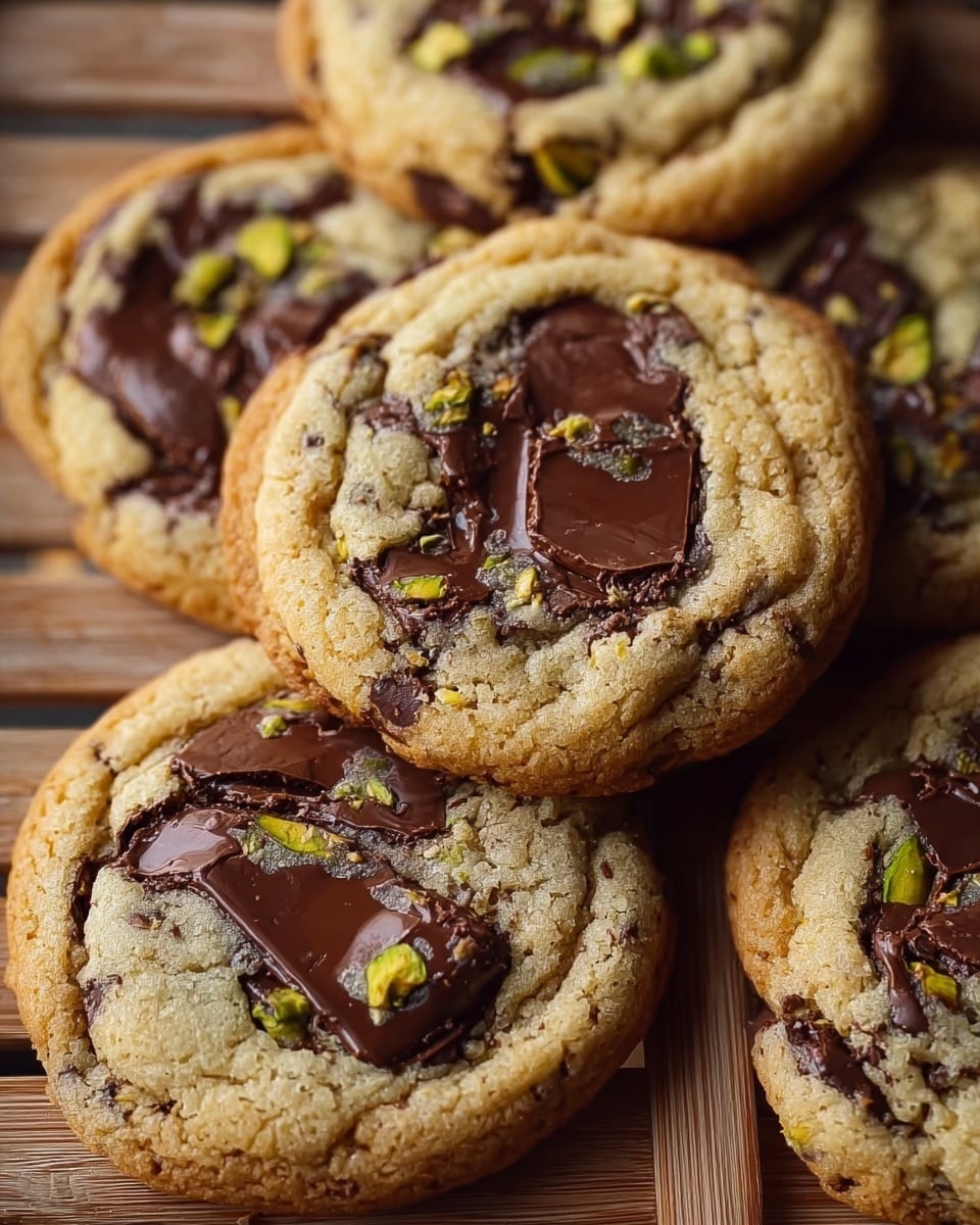 There are several round cookies placed close together on a white marbled surface, each cookie has a golden-brown edge with a light beige center. The top layer shows melted dark chocolate spread unevenly with small chocolate chips and bright green pistachio pieces embedded within the cookie. The texture looks soft and gooey in the middle, with cracked and slightly crunchy edges. The overall look is warm and inviting with a mix of smooth chocolate and nutty bits. photo taken with an iphone --ar 4:5 --v 7
