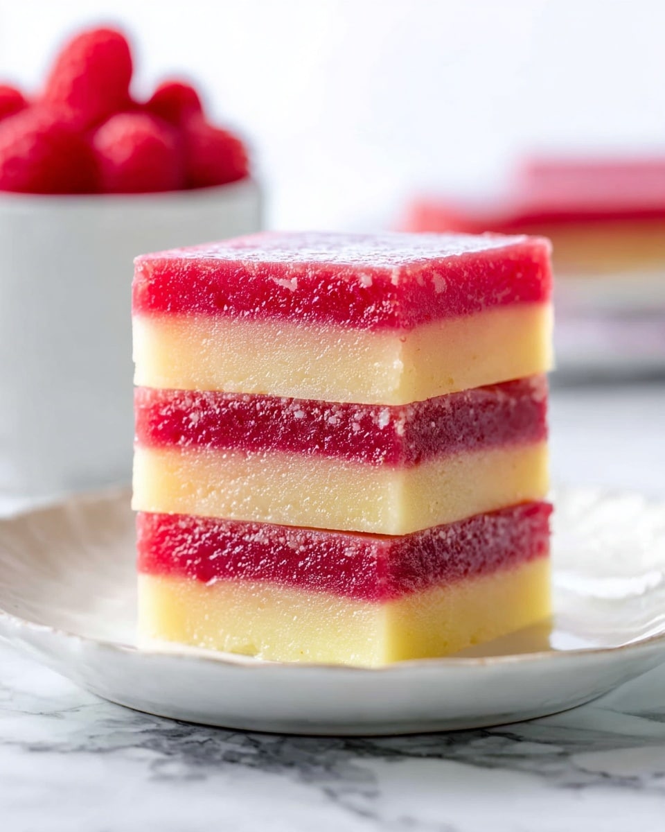The image shows a stack of three square bars with alternating layers of bright red and creamy pale yellow. Each bar has three layers: a thick red layer on top, a middle yellow layer, and another red layer at the bottom. The texture of the red layers looks moist and slightly crumbly, while the yellow layers appear smooth and dense. The bars are placed on a white plate with a gentle scalloped edge, sitting on a white marbled surface. In the blurred background, there is a white bowl with red berries inside. photo taken with an iphone --ar 4:5 --v 7
