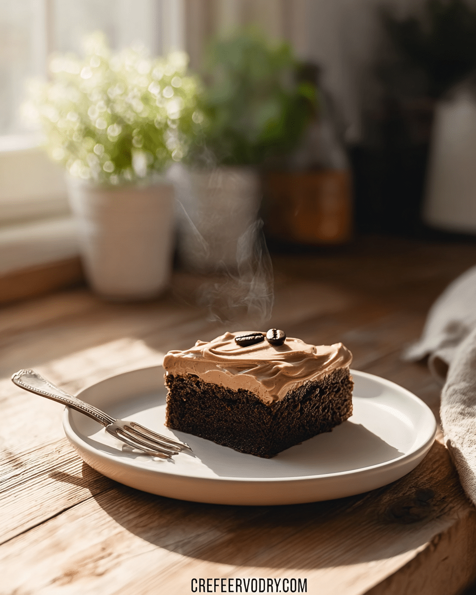 A square piece of dark chocolate cake sits on a white plate with a silver fork on the right side. The cake has one layer with a thick, smooth, light brown coffee-flavored frosting spread evenly on top. Two coffee beans rest on the frosting near the center. Steam rises softly from the cake, showing it is warm. The plate is placed on a wooden table, with a background of a potted green plant near a window letting in soft natural light. Photo taken with an iphone --ar 4:5 --v 7