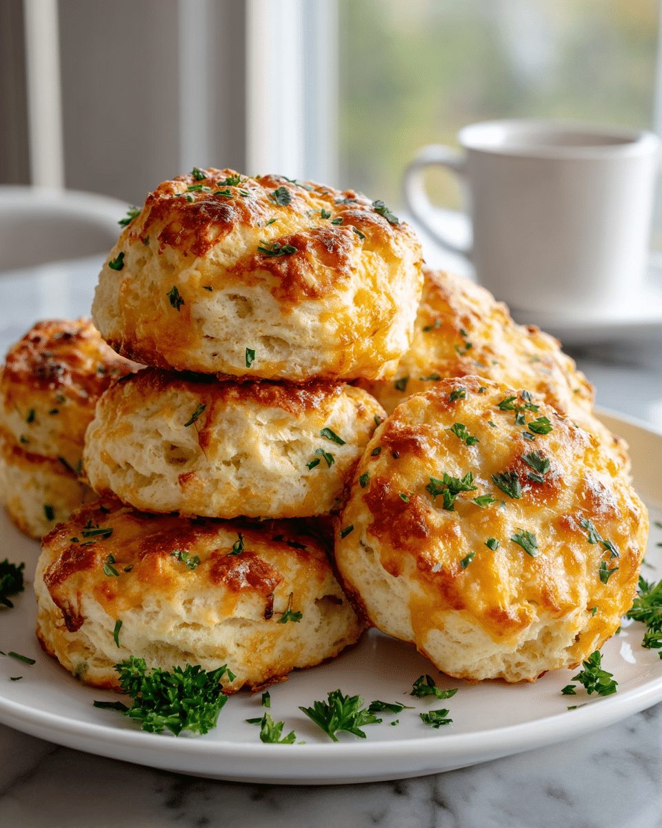 This image shows a stack of seven golden brown cheese biscuits on a large white plate, placed on a white marbled surface. Each biscuit has a rough, crispy texture with melted cheese spots and finely chopped green herbs sprinkled on top and inside. The biscuits are piled unevenly, with some slightly resting on others, showing their fluffy, airy inside. In the background, there is a blurred white coffee cup on a wooden coaster near a window with soft natural light coming through. photo taken with an iphone --ar 4:5 --v 7