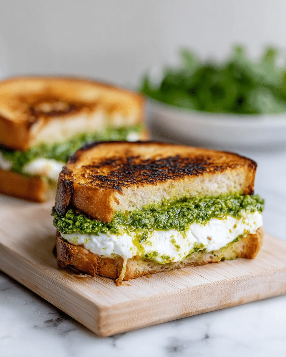A toasted sandwich is cut in half and placed on a light wooden board over a white marbled surface. Each sandwich half shows three layers: the top layer is golden-brown toasted bread with darker char marks, the middle layer is a thick, soft white cheese with a smooth texture and slight shine from some oil, and the bottom layer is a green pesto spread with a coarse, slightly oily texture. In the background, a white bowl with green leaves is blurred, adding a fresh touch to the scene. Photo taken with an iphone --ar 4:5 --v 7