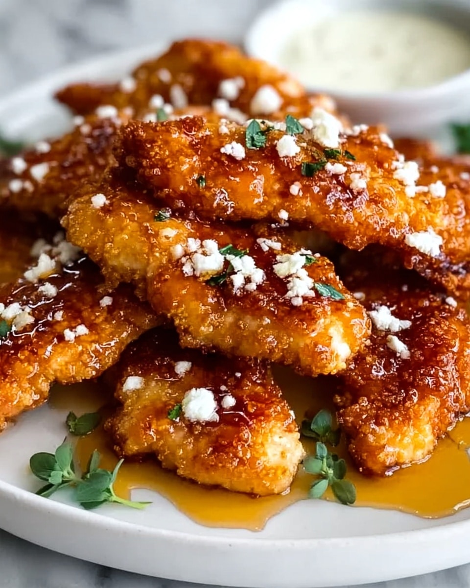 The image shows several pieces of golden-brown fried chicken arranged closely on a white plate. Each piece has a crispy texture with a shiny, sticky glaze coating surfaces, glistening under the light. Small white crumbles of cheese are scattered on top, along with fresh green herb leaves adding contrast. The background is a white marbled surface, and in the upper part of the image, there is a blurred view of a white dish with white sauce. Photo taken with an iphone --ar 4:5 --v 7
