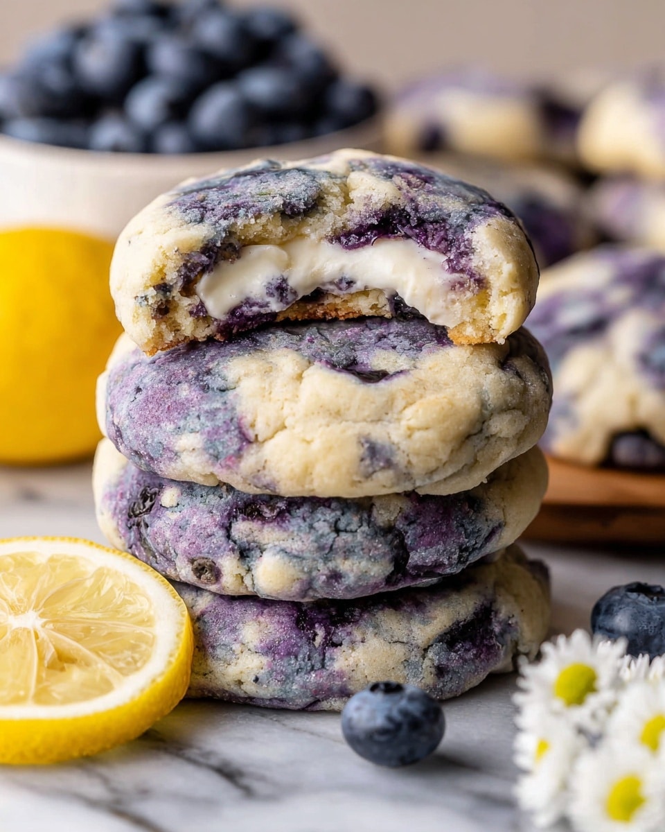 The image shows a close-up of a stack of three blueberry cookies with a bite taken out from the top cookie, revealing a creamy, light beige filling inside. The cookies have a marbled texture of purplish-blue and light beige, showing the blueberry swirls throughout. Around the stack are more cookies of the same pattern, with slices of bright yellow lemon and a few fresh blueberries placed near the base. In the background, a white bowl filled with blueberries and small white flowers with yellow centers adds detail. The whole scene is set on a white marbled surface. photo taken with an iphone --ar 4:5 --v 7