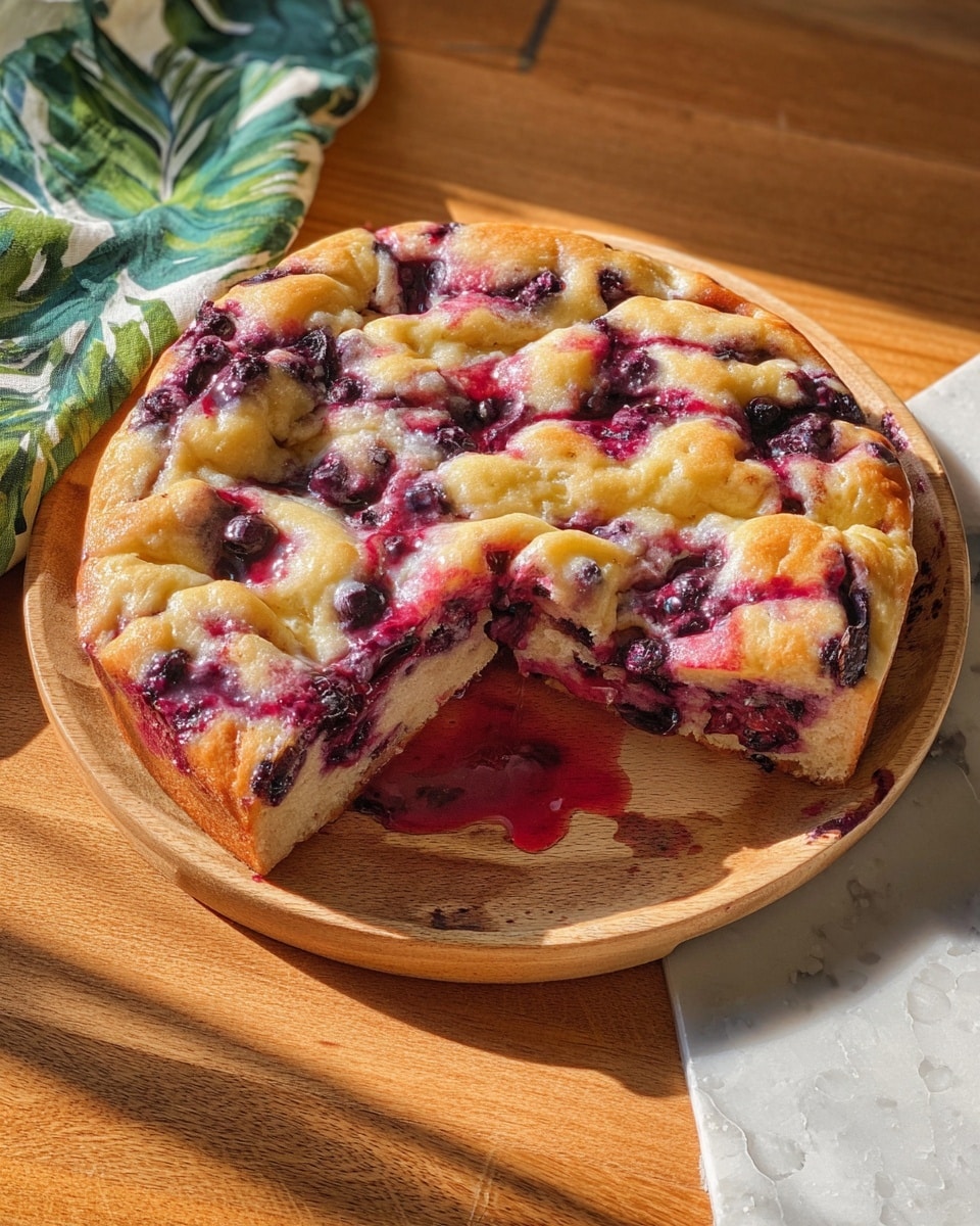 A thick, folded flat bread with a golden-yellow dough base is richly marbled with deep purple and bright red berry swirls that create a mottled, juicy texture across the top. The bread appears soft and fluffy with visible fruit pieces embedded within, some juices pooling slightly underneath. It rests on a round white plate with a smooth surface, placed on a white marbled texture background, giving a clean and bright contrast to the vivid natural colors of the bread. The light highlights the glossy, slightly sticky finish on the berry-streaked bread, showing a fresh and appetizing look. photo taken with an iphone --ar 4:5 --v 7