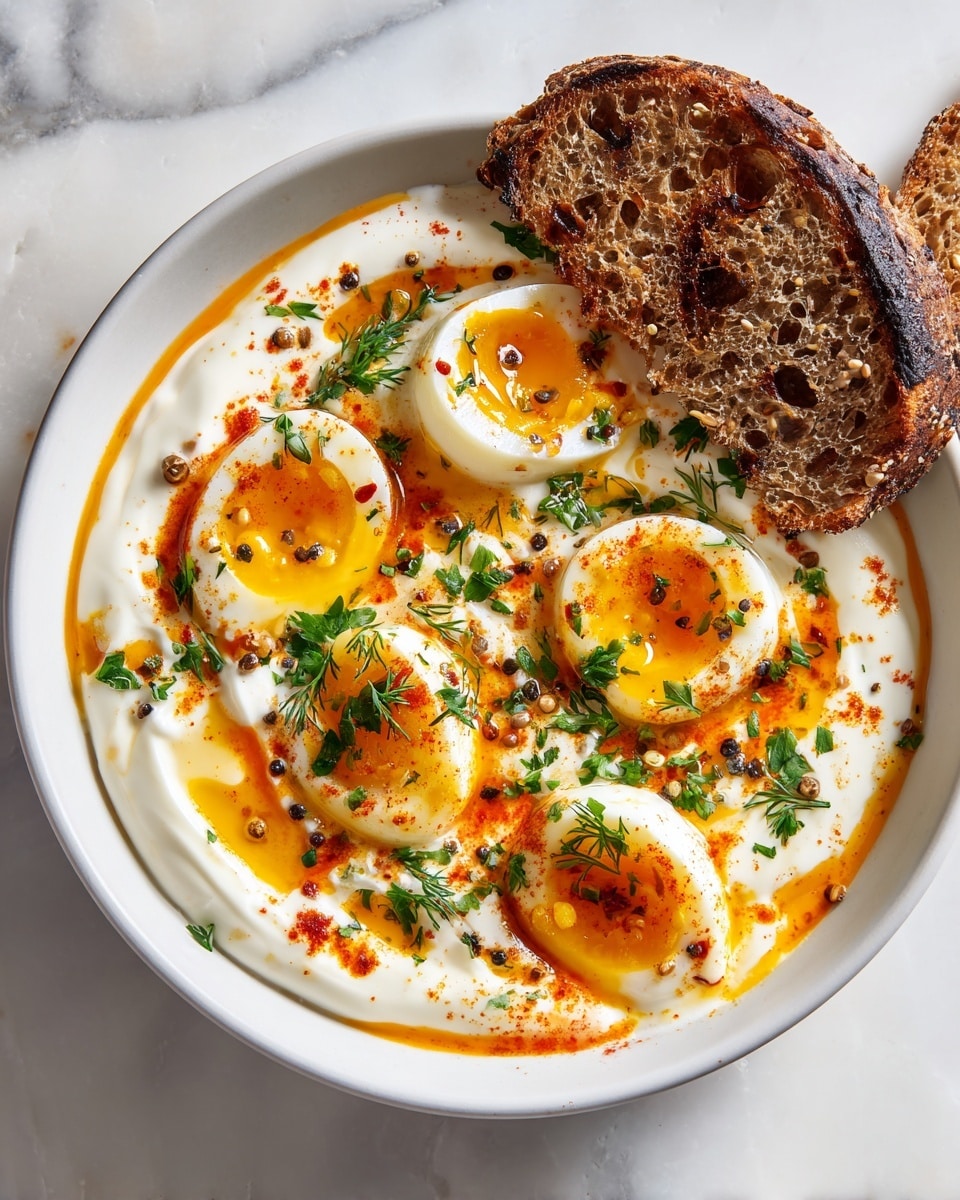 A white bowl filled with a smooth, thick white yogurt base, topped with five halved soft-boiled eggs arranged in the center. Each egg shows a slightly runny golden yolk with a firm white surrounding it. Bright orange chili oil is drizzled generously over the eggs and yogurt, creating bold splashes of color. Fresh chopped green herbs are scattered liberally over the eggs and yogurt, with a light dusting of ground black pepper and chili flakes adding texture. In the background on the white marbled surface, there are pieces of dark toasted bread with visible seeds stacked casually. Photo taken with an iphone --ar 4:5 --v 7