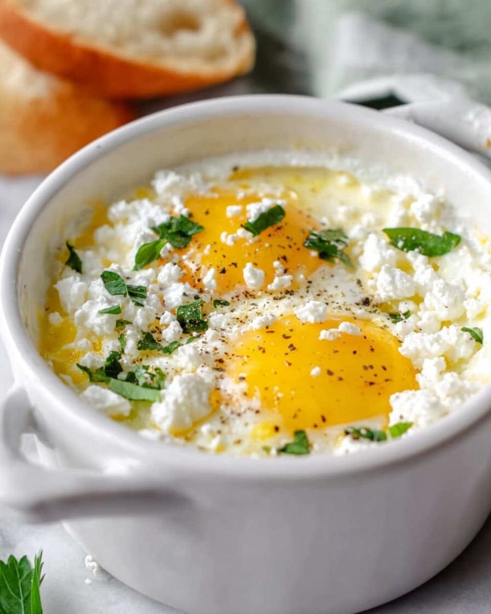 The image shows a white ramekin filled with baked eggs. There are two sunny-side-up eggs visible, with bright yellow yolks surrounded by cooked white egg whites. The eggs are topped with small white crumbles of feta cheese and sprinkled with chopped green herbs. There is a light drizzle of olive oil over the top, giving a slight shine, and some black pepper is lightly scattered. The ramekin is placed on a white marbled surface. photo taken with an iphone --ar 4:5 --v 7