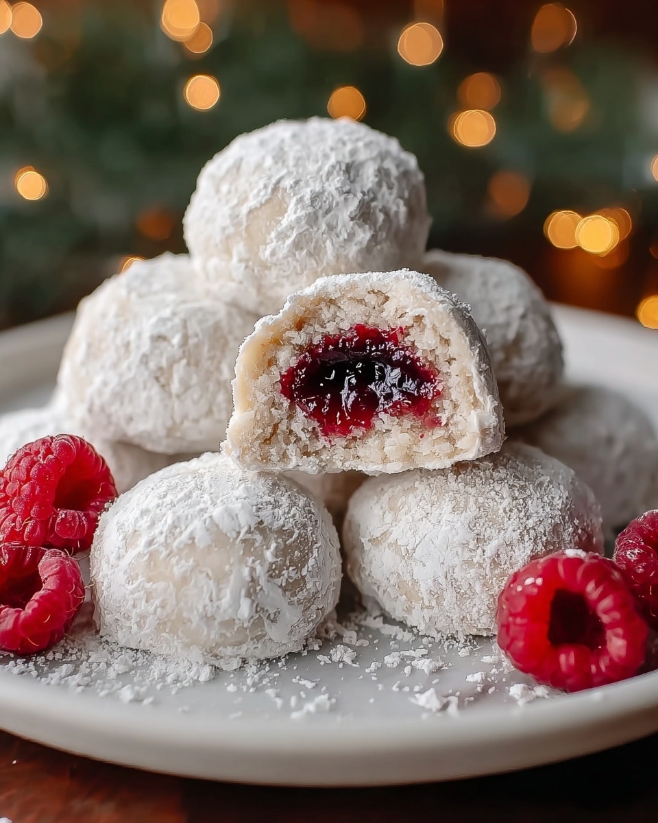 A close-up image shows several round white balls covered in a thick layer of powdered sugar with a rough texture, stacked closely on a plate. One ball is cut in half and placed on top, revealing a soft, reddish-purple jam center surrounded by a creamy white dough layer with a slightly grainy texture. Around the balls, there are fresh red raspberries scattered on the side, adding a vibrant contrast. The entire scene is set on a white marbled surface with warm bokeh lights softly glowing in the background, creating a cozy mood. photo taken with an iphone --ar 4:5 --v 7