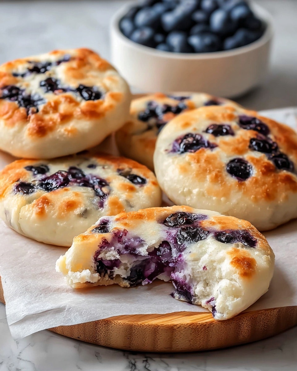 The image shows several small, round blueberry bread rolls on a white plate lined with parchment paper. Each roll has a golden-brown, slightly crispy top with soft white bread underneath. The blueberries are embedded in the bread, bursting with deep purple juice that stains parts of the white dough around them. One roll in the foreground is broken in half, showing the fluffy interior with more blueberries inside. In the background, there is a white bowl filled with fresh blueberries, all placed on a white marbled surface. photo taken with an iphone --ar 4:5 --v 7