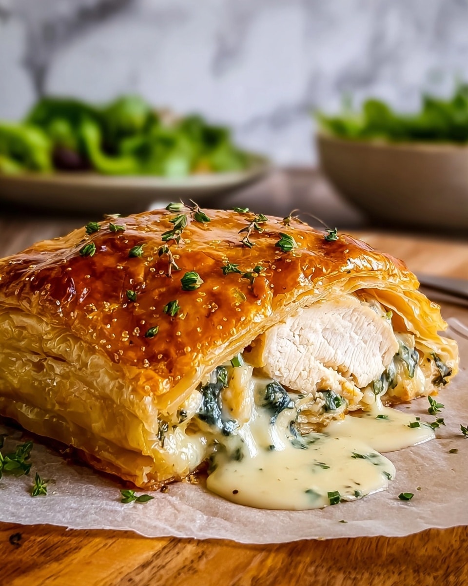 A golden brown puff pastry with a shiny, crisp top sprinkled with small green herbs covers a filling inside; the cut section shows three main layers, starting with the flaky pastry on the outside, then a creamy, light yellow sauce with small green leafy pieces, and a thick, white cooked chicken breast in the center, all resting on white parchment paper over a warm wooden surface, with small green herb leaves scattered around and a blurred bowl of green leafy salad in the background; photo taken with an iphone --ar 4:5 --v 7