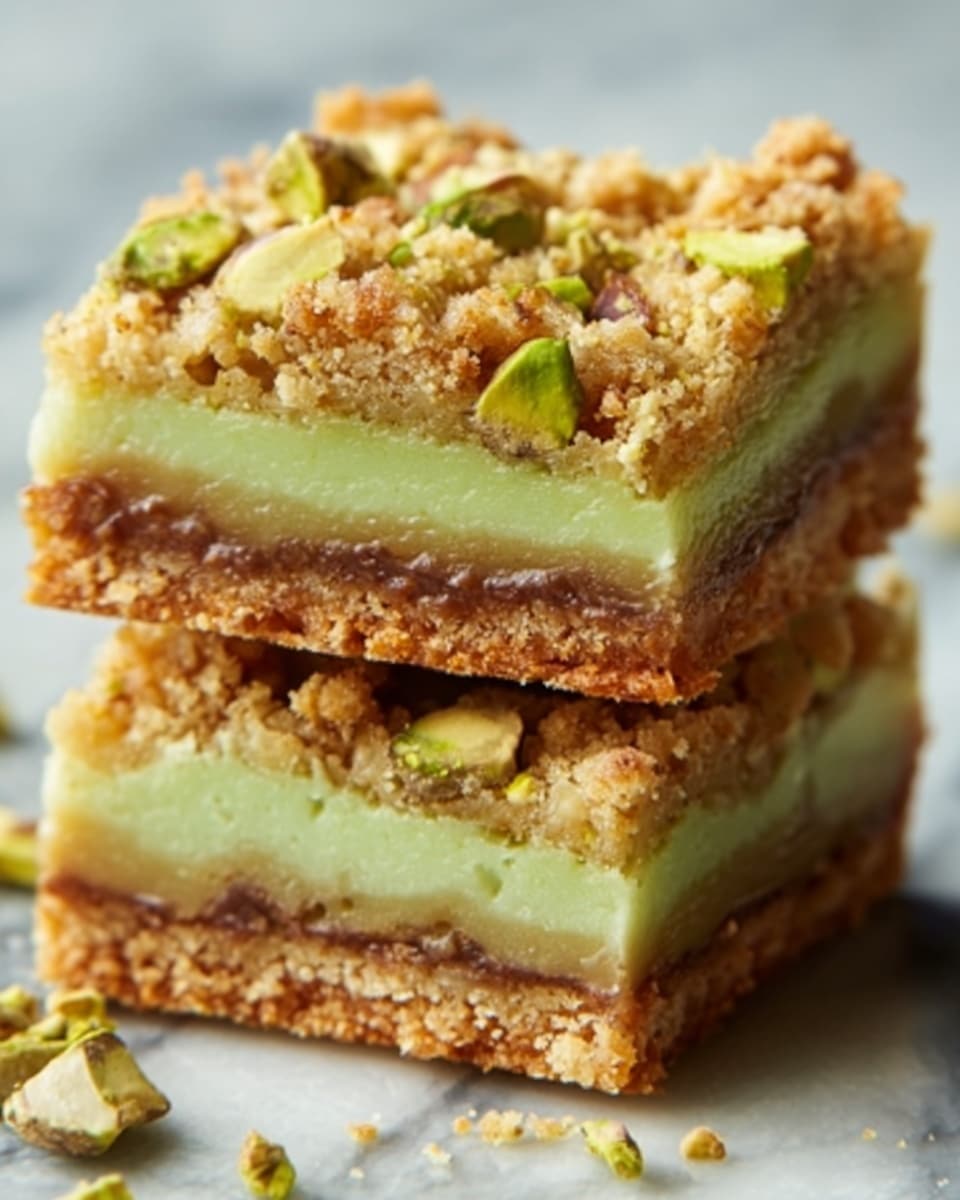 The image shows two square pieces of layered dessert stacked on top of each other. Each piece has three visible layers: the bottom layer is a brown, crunchy crust; the middle layer is a thick, smooth, pale green filling; and the top layer is a crumbly, golden brown topping with small pieces of green pistachio nuts scattered on it. The edges are slightly rough, showing the crumbly texture of the top layer. The background is a white marbled texture. Photo taken with an iphone --ar 4:5 --v 7