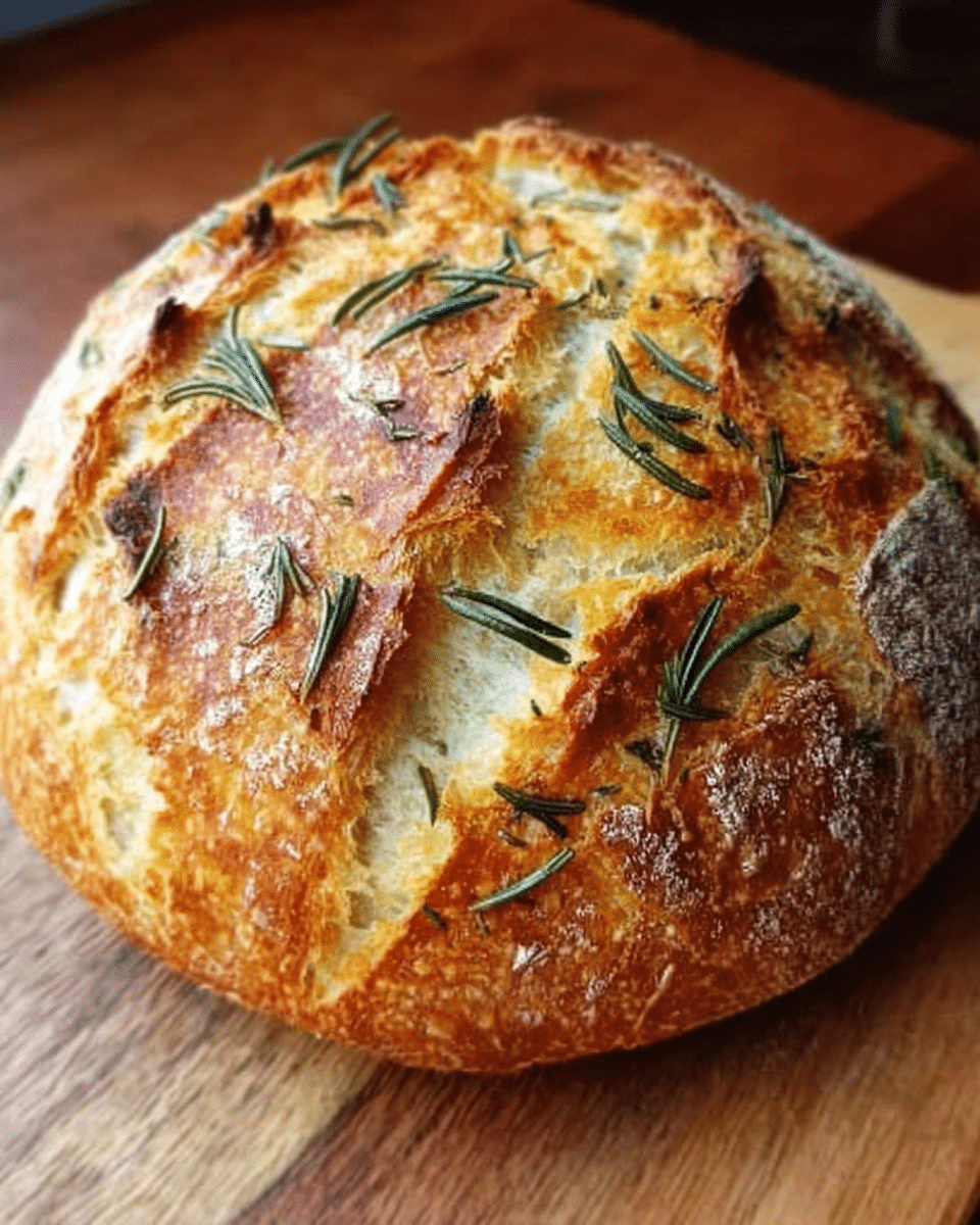 A round loaf of bread with a golden-brown crust sits on a wooden board, its surface cracked open showing a soft inside. Small sprigs of fresh rosemary are scattered on top, adding green color to the crunchy crust. The loaf looks freshly baked with a slightly rough texture on the crust and a warm light inside. photo taken with an iphone --ar 4:5 --v 7