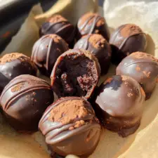 The image shows a group of round chocolate truffles arranged closely together on a white marbled surface. Each truffle has a smooth, dark brown chocolate coating with thin, shiny chocolate drizzle lines crossing on top. In the center, one truffle is cut in half, revealing a dense, rich, dark chocolate filling with a powdery, cocoa dusted interior. The truffles have a glossy look that catches the light softly, and the overall setting creates a warm, inviting feeling. Photo taken with an iphone --ar 4:5 --v 7