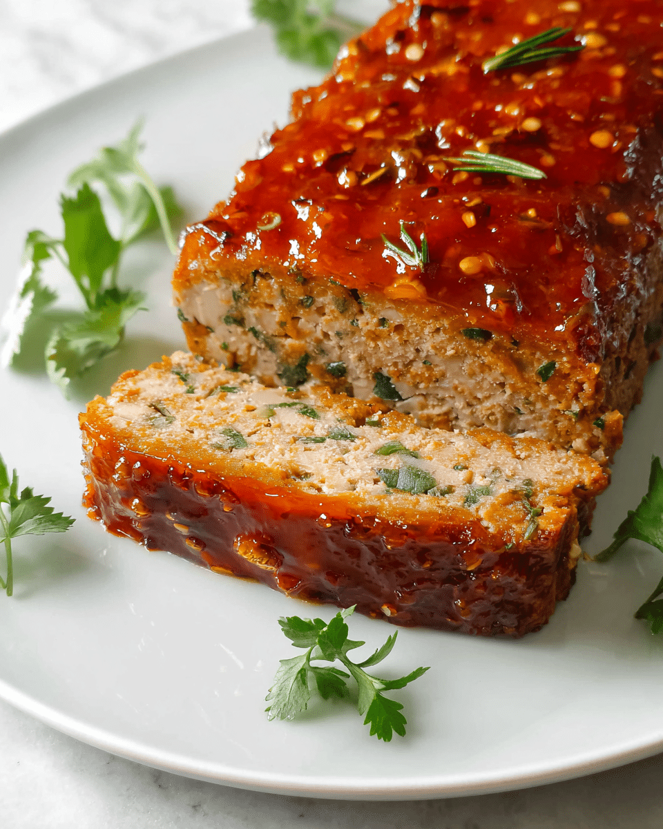 The image shows a sliced loaf-shaped dish on a white plate, set on a white marbled surface. The dish has two visible layers: the top layer is a glossy, textured reddish-brown sauce with specks of herbs and seeds spread evenly over the surface, giving it a shiny look. The bottom layer is a light beige, dense mixture with small green herb pieces and a few white bits visible inside, indicating a moist and textured interior. Fresh green herb sprigs are placed around the plate, adding a fresh contrast to the warm colors of the dish. photo taken with an iphone --ar 4:5 --v 7
