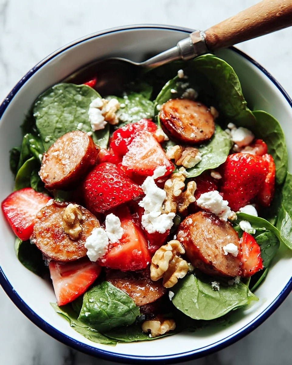 The image shows a fresh salad inside a white bowl with a dark blue rim, resting on a white marbled surface. The bottom layer is made of large green spinach and lettuce leaves that create a leafy base. On top of this green layer, there are slices of browned sausage arranged evenly around the bowl. Bright red strawberry pieces are scattered throughout, adding a pop of color. Crumbled white cheese is sprinkled across the top, mixed with a handful of light brown walnut pieces that add texture. A spoon is placed inside the bowl, leaning on the edge. photo taken with an iphone --ar 4:5 --v 7
