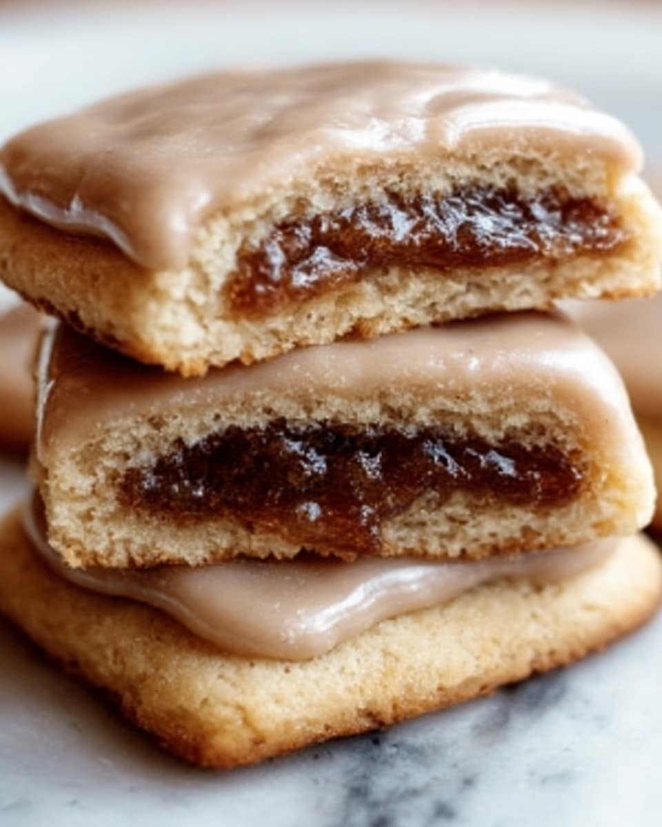 A close-up photo shows a stack of three square-shaped cookies with a soft, light brown color. Each cookie is topped with a smooth, light brown icing layer that covers the entire top surface. The middle cookie is cut in half, revealing a thick, dark brown, sticky filling inside, which looks sweet and gooey. The cookies have a slightly rough texture on the edges, contrasting with the smooth icing and filling inside. The stack sits on a white marbled surface. photo taken with an iphone --ar 4:5 --v 7