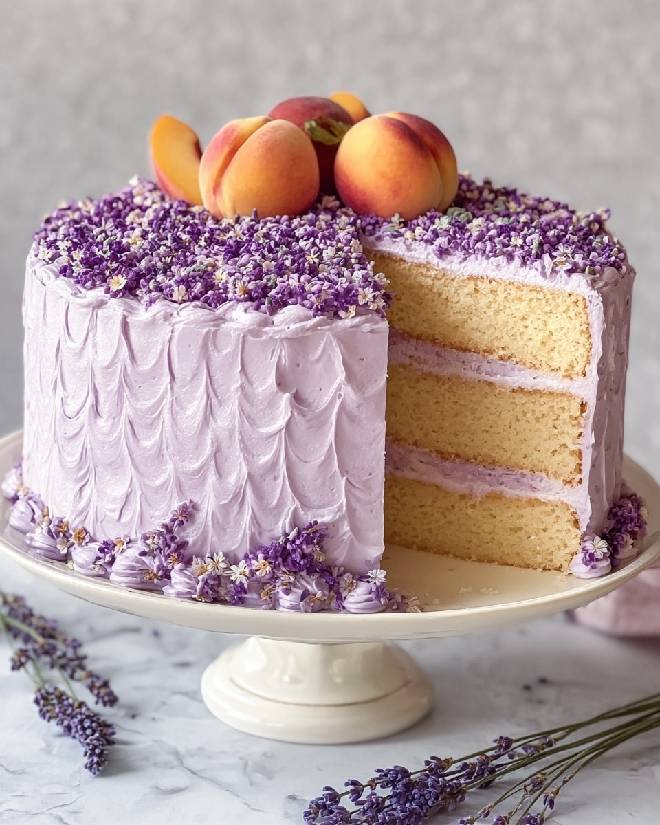 A three-layer cake with light yellow sponge layers separated by light purple frosting, covered entirely in the same light purple frosting with a textured, swirled surface. The top of the cake is densely decorated with small, purple flower buds, and there are four whole peaches and sprigs of lavender flowers arranged in the center. The cake sits on a white cake stand with more lavender sprigs around the base, all placed on a white marbled surface. Photo taken with an iphone --ar 4:5 --v 7