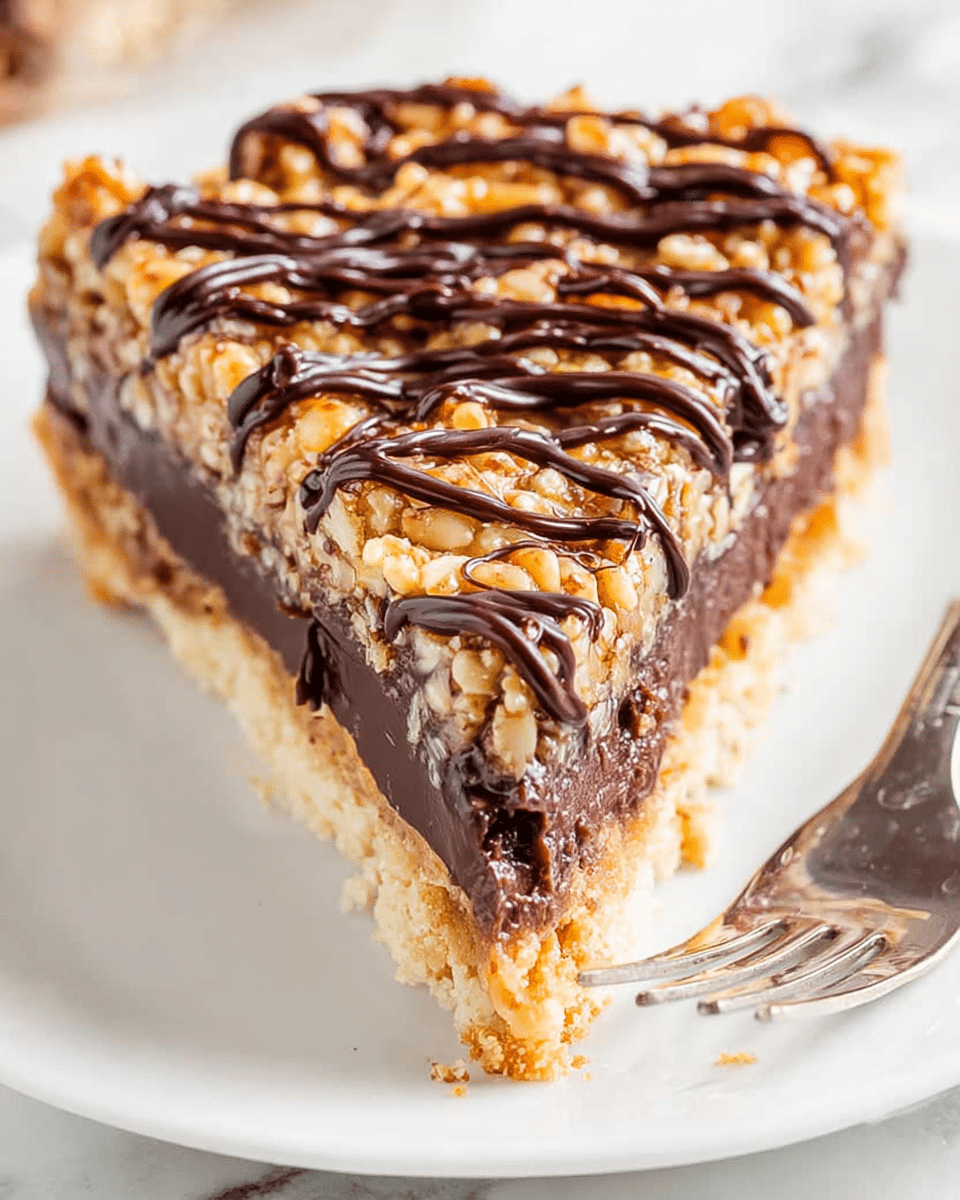 A close-up of a triangular slice of dessert with three visible layers on a white plate. The bottom layer is a light beige, crumbly crust. The middle layer is a thick, dark brown chocolate filling. The top layer is a golden-brown textured nut and oat mix, covered with thick swirls of dark chocolate drizzled across it. Some crumbs are near the edge of the slice, and a silver fork rests on the plate beside it. The background is a white marbled texture. Photo taken with an iphone --ar 4:5 --v 7