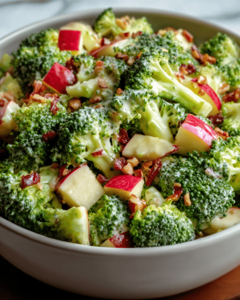 A white bowl filled with a colorful broccoli salad showing several layers: bright green broccoli florets with textured surfaces are mixed with small red apple pieces that have smooth skin and white flesh inside. Scattered over the top are tiny bits of crunchy brown nuts and pale creamy dressing drizzled unevenly throughout, giving a glossy look to some parts. The bowl sits on a white marbled surface, making the vibrant colors of the salad stand out. Photo taken with an iphone --ar 4:5 --v 7