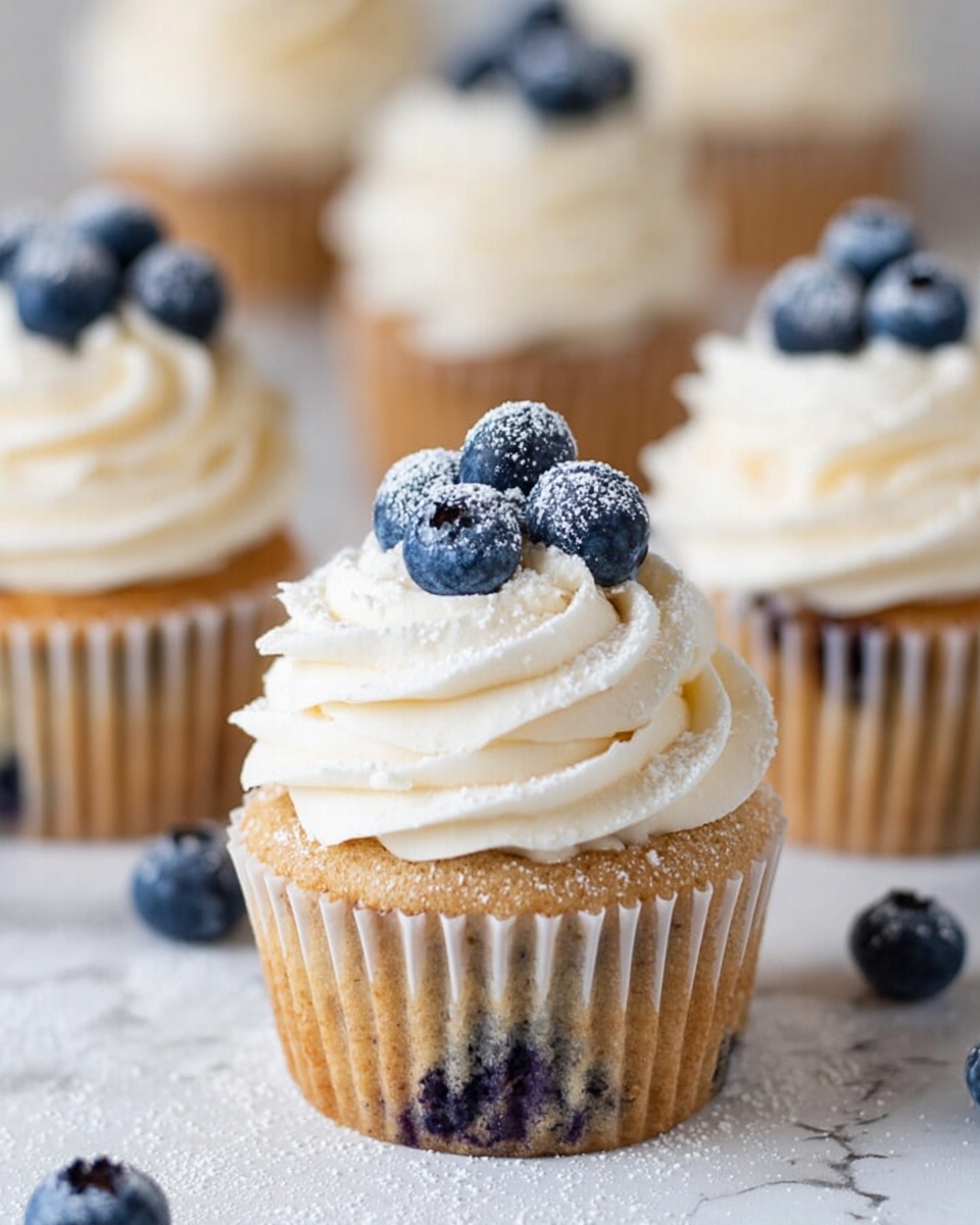 The image shows several blueberry cupcakes arranged on a white marbled surface. Each cupcake has a light brown base with visible blueberries baked inside, and a thick swirl of creamy white frosting on top. At the peak of the frosting swirl, there are three fresh blueberries stacked together, lightly dusted with powdered sugar. Additional loose blueberries and a light sprinkle of powdered sugar are scattered around the cupcakes, adding to the visual appeal. The cupcakes are placed in white paper liners, and the focus is on the front cupcake with soft light enhancing the textures. Photo taken with an iphone --ar 4:5 --v 7