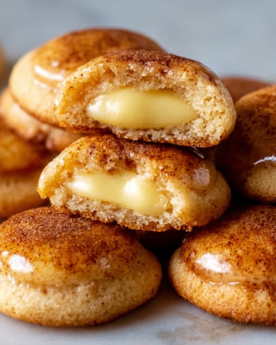 The image shows several small round cookies stacked in a casual pile on a white marbled surface. Each cookie has a light golden-brown crust with a slightly soft texture and a shiny glaze on top. The center of one cookie is bitten, revealing a creamy, pale yellow filling inside. Some cookies have tiny traces of cinnamon sprinkled slightly unevenly on top, adding a warm brown contrast to the golden color. The soft, crumbly edges and smooth filling create layers of texture within each cookie. Photo taken with an iphone --ar 4:5 --v 7
