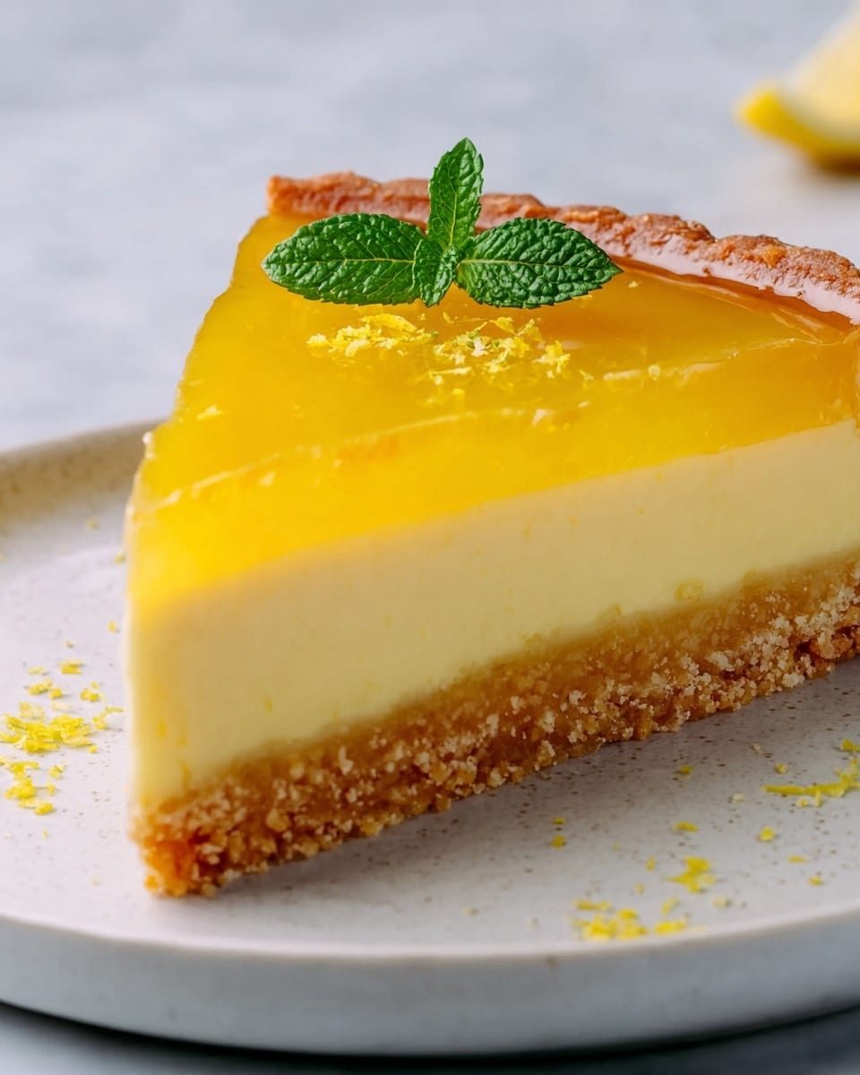 A close-up image of a slice of lemon tart shows three distinct layers on a white plate sitting on a white marbled surface. The bottom layer is a crumbly, light brown crust with a rough texture. Above it is a smooth, pale yellow custard layer, thick and creamy in appearance. On top of the custard is a glossy, bright yellow lemon jelly layer, shiny and slightly translucent. Garnishing the jelly layer is a small sprig of fresh green mint leaves and some tiny yellow zest pieces scattered on its surface. Photo taken with an iphone --ar 4:5 --v 7