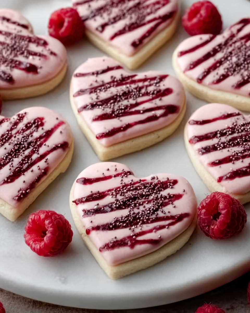 Several heart-shaped cookies are neatly placed on a white plate on a white marbled surface. Each cookie has a smooth pale pink icing base that covers the top, giving them a soft, matte finish. On top of this pink layer, a dark red berry jam is spread in thin stripes, creating a striped pattern across each heart. Tiny dark sprinkles add texture and contrast over the jam. Scattered around the cookies are fresh red raspberries, enhancing the color scheme and adding a fresh, natural touch. photo taken with an iphone --ar 4:5 --v 7