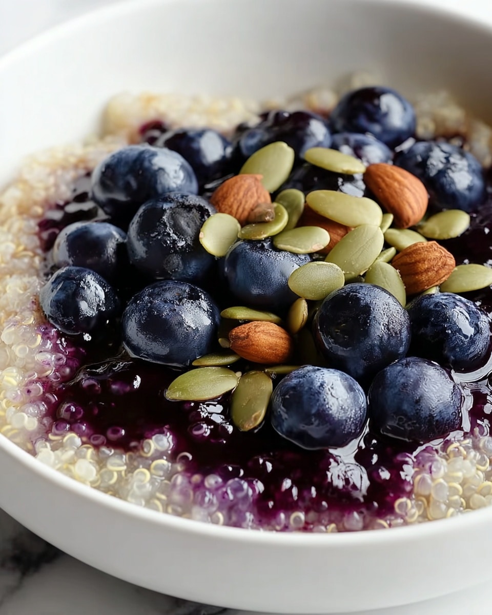 A white bowl contains a close-up view of a three-layer dish. The bottom layer is translucent white quinoa with a soft, slightly wet texture. The middle layer is dark purple blueberry sauce, unevenly spread and visible through the quinoa. On top, there is a mix of fresh blueberries, shiny and plump with light reflections, green pumpkin seeds with a smooth surface, and brown almonds with a matte rough texture, scattered in a natural pattern. The background is a white marbled surface. photo taken with an iphone --ar 4:5 --v 7