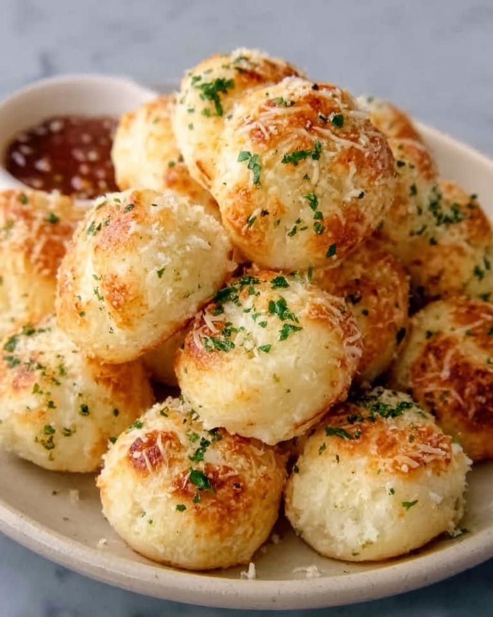 The image shows a round white plate filled with several small, round baked bread balls that are golden brown on top and lighter beige on the sides. The bread balls are covered lightly with melted cheese and sprinkled with green herbs, likely parsley, giving texture and a fresh look. The plate sits on a white marbled surface, and the lighting highlights the soft, fluffy texture of the bread and the slight crispiness on the top layer. Photo taken with an iphone --ar 4:5 --v 7