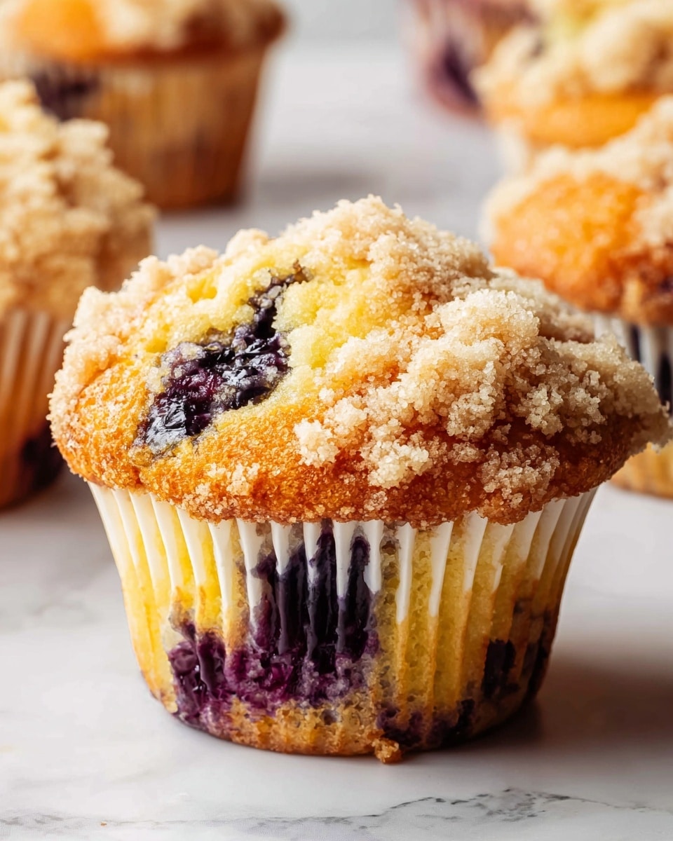 A close-up of a single blueberry muffin with a golden-brown, slightly cracked top covered in light beige crumbly streusel. The muffin has a yellow cake layer with visible moist texture, while the lower part shows rich dark purple blueberries oozing their juice inside the soft crumb. The muffin is wrapped in a white paper liner and sits on a white marbled surface, with parts of other similar muffins blurred in the background. photo taken with an iphone --ar 4:5 --v 7