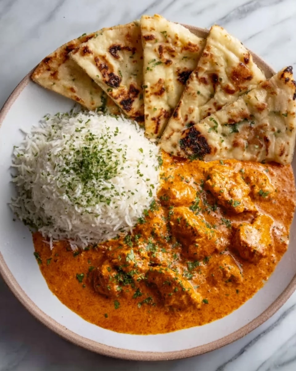 A white round plate on a white marbled surface holds a serving of plain white rice shaped in a neat mound on the left side, topped with a sprinkle of green herbs. To the right of the rice is a thick orange creamy curry sauce with chunks of chicken, also garnished with bits of green herbs. Behind the rice and curry, there are four pieces of naan bread folded into triangles and arranged side by side, showing a light brown toasted color with some darker charred spots. The whole dish has warm and rich tones, with a mix of soft and textured elements. photo taken with an iphone --ar 4:5 --v 7