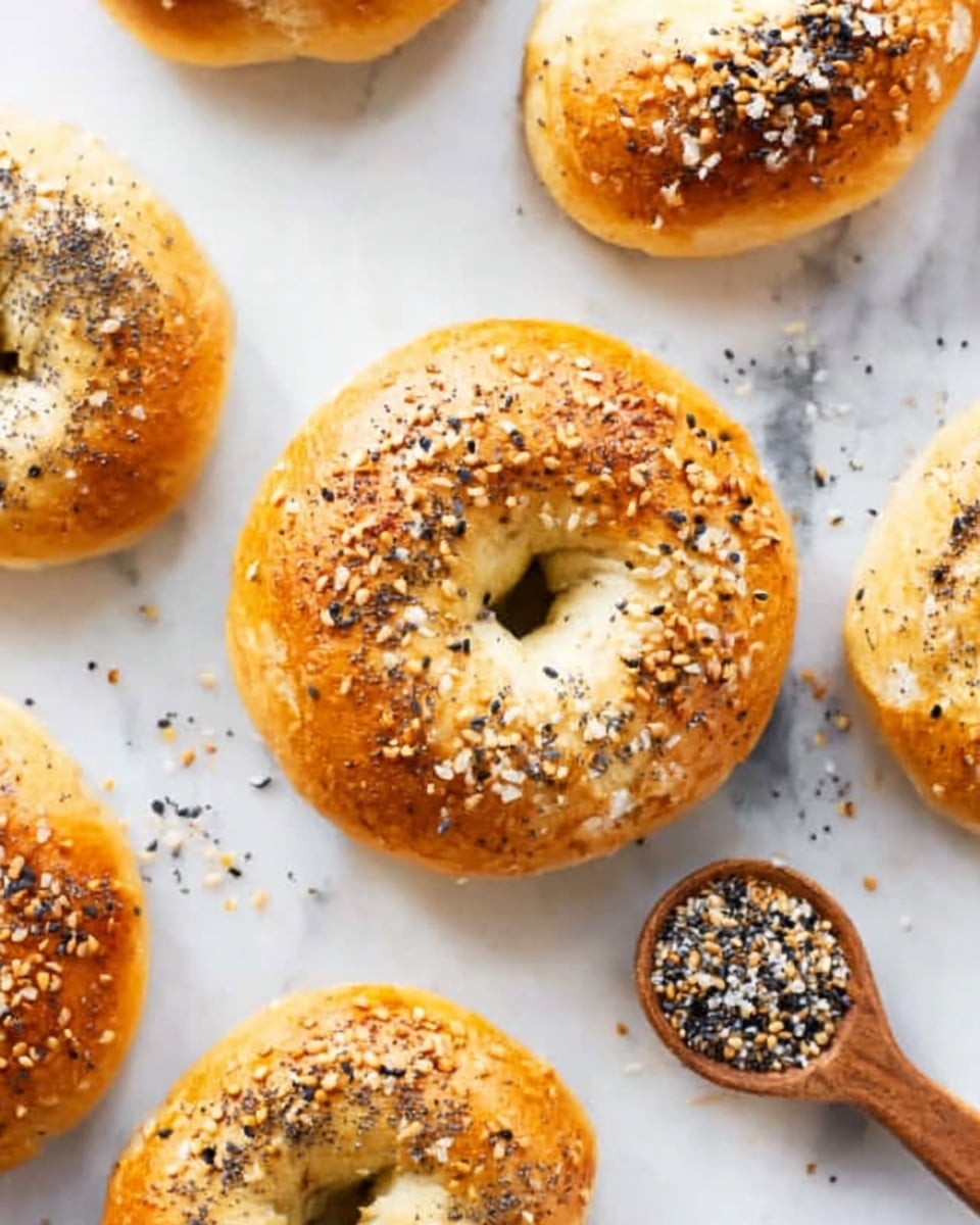 The image shows several golden brown bagels with a shiny crust sprinkled with a mix of sesame seeds, poppy seeds, and salt on top, arranged on a white marbled surface. One bagel is placed at the center, larger and fully visible, showing a smooth and slightly puffy texture. Other bagels surround it, partially visible, some showing more sesame seeds than others. To the right, there is a wooden spoon filled with the same seed mix, complementing the bagels. Photo taken with an iphone --ar 4:5 --v 7