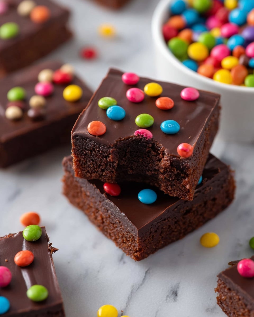 The image shows two stacked chocolate brownies, each with two layers: a dense, dark brown cake layer at the bottom and a smooth, glossy dark chocolate frosting layer on top, decorated with small, bright, round candy pieces in red, pink, blue, green, yellow, and orange scattered unevenly on the surface. One brownie has a bite taken out of the corner, revealing the soft texture inside. More brownies with the same layers and candy pieces are placed around, resting on a white marbled surface. A white bowl filled with the colorful candies is partially visible on the right side. photo taken with an iphone --ar 4:5 --v 7