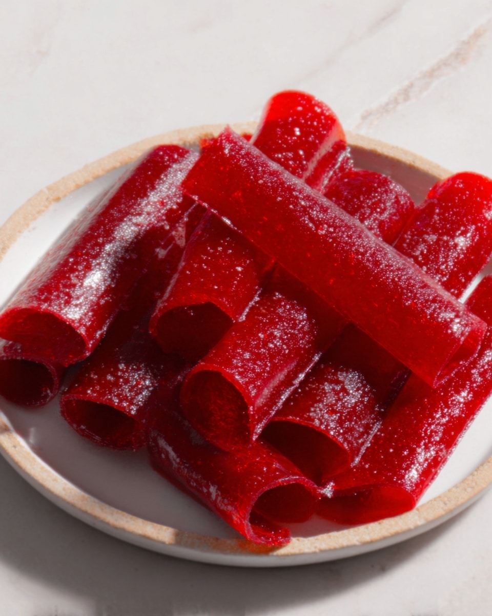 The image shows a white plate on a white marbled surface filled with bright red fruit leather rolls, each having a glossy, sticky texture with visible sugar crystals on the surface. The rolls are arranged casually in a small pile, showcasing their smooth and slightly translucent appearance, with some edges curling slightly. Photo taken with an iphone --ar 4:5 --v 7