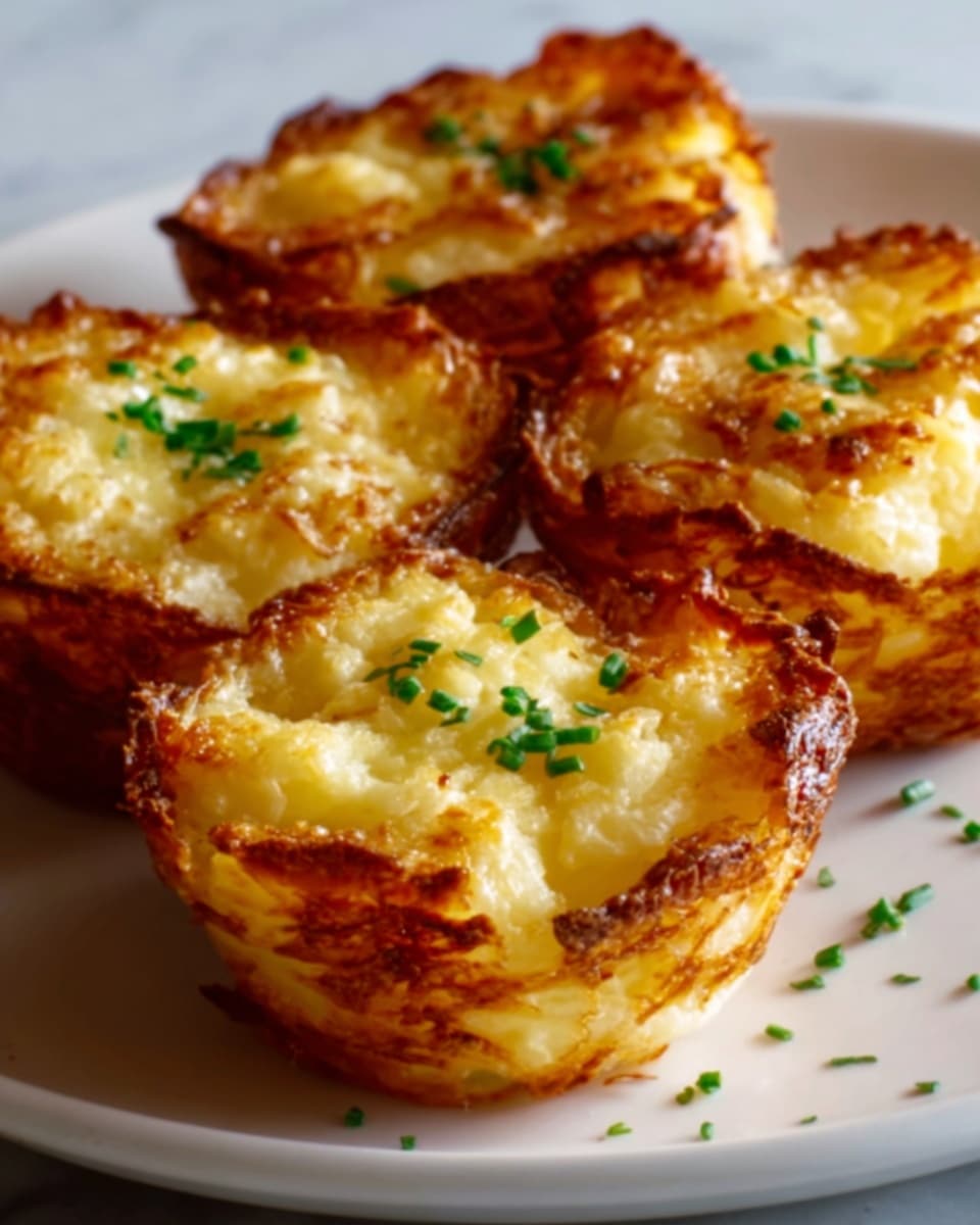 The image shows four golden brown, crispy potato nests placed closely together on a white plate. Each nest has a rough, uneven texture with browned, slightly crunchy edges and a soft, creamy-looking inside. Small green chopped herbs are sprinkled on top of each nest, adding a touch of fresh color. The white plate rests on a white marbled surface, and the photo captures the nests from a close angle, focusing on their detailed texture and appetizing look. Photo taken with an iphone --ar 4:5 --v 7