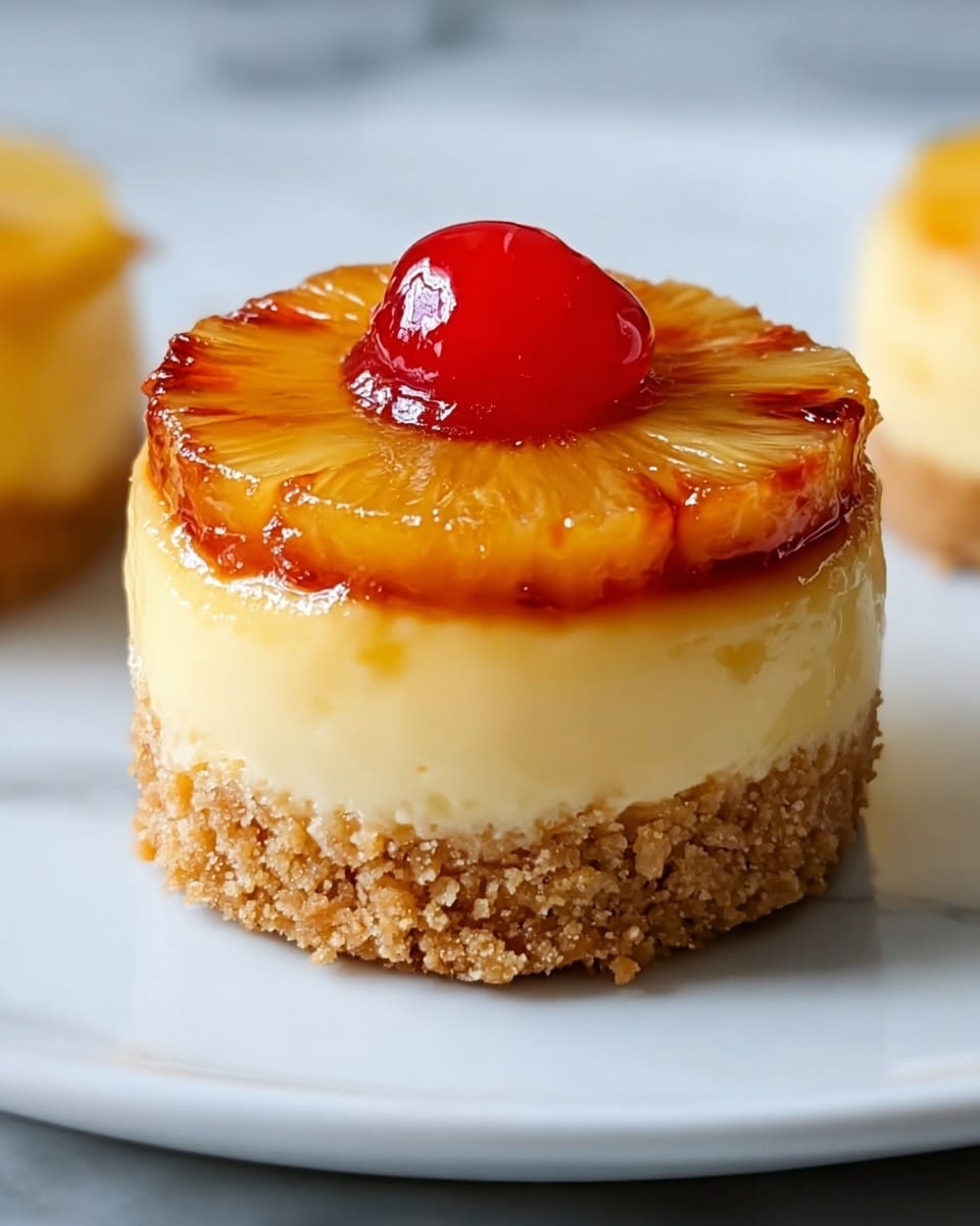 The image shows a small round cheesecake with three layers on a white plate sitting on a white marbled surface. The bottom layer is a crumbly, light brown crust made from crushed biscuits. The middle layer is a thick, smooth, pale yellow cheesecake filling. The top layer consists of a shiny, caramelized pineapple ring with a glossy red cherry placed in the center. The pineapple ring has a slightly browned edge, adding texture and color contrast. Photo taken with an iphone --ar 4:5 --v 7