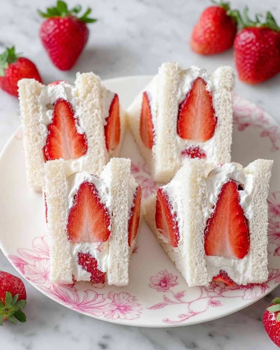 The image shows four triangular strawberry sandwiches arranged on a white plate with a pink floral design, set on a white marbled surface. Each sandwich has three layers: the outer layers are soft white bread with a light, fluffy texture, and inside there is a thick layer of white whipped cream with a smooth texture. Embedded in the whipped cream are slices of bright red strawberries with visible seeds, positioned vertically and facing outward on each sandwich side. Around the plate, there are whole strawberries with green tops adding a fresh look. The overall visual is clean, fresh, and inviting. photo taken with an iphone --ar 4:5 --v 7