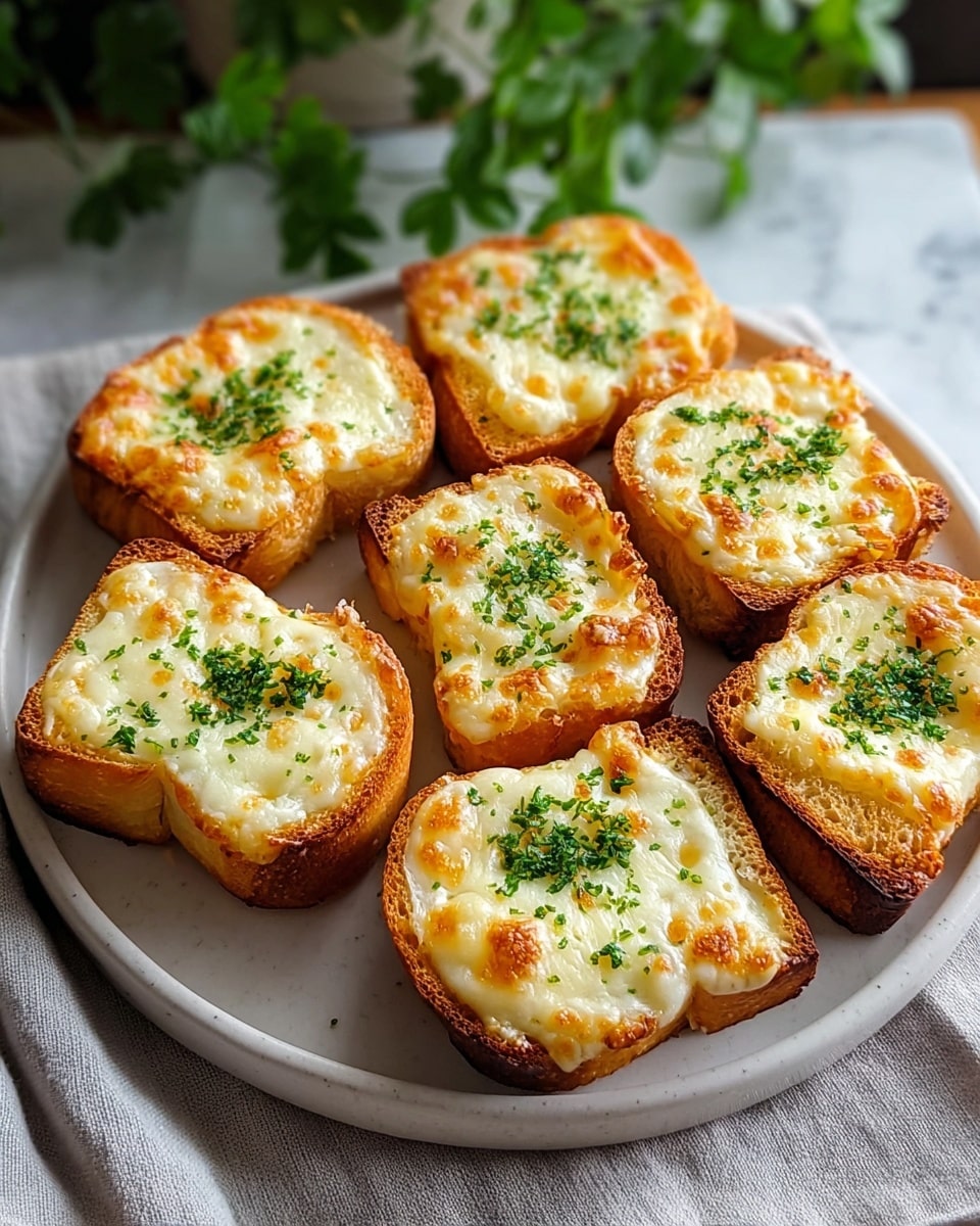 Seven pieces of toasted bread are arranged on a white plate with a light rim. Each piece has one layer of golden-brown toasted bread, topped with a thick layer of melted, bubbly cheese that is golden and slightly browned in spots. Bright green bits of chopped parsley are sprinkled on top of the cheese on each bread piece. The plate sits on a white marbled textured surface, with soft natural light coming from one side, and blurred green plants in the background. photo taken with an iphone --ar 4:5 --v 7