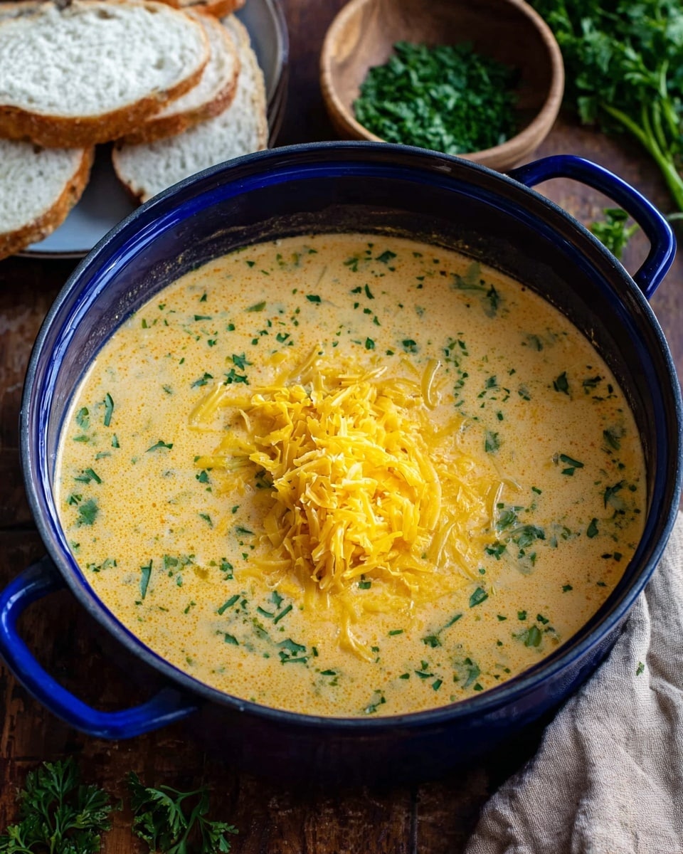 A deep blue pot filled with creamy soup that has a soft orange color mixed with small green herb pieces throughout, topped in the center with a pile of bright yellow shredded cheese. The pot sits on a wooden surface with a small wooden bowl of finely chopped green herbs nearby and a plate holding white slices of bread on the top left. Fresh herbs are scattered to the right, and part of a beige cloth is visible at the bottom right. Photo taken with an iphone --ar 4:5 --v 7