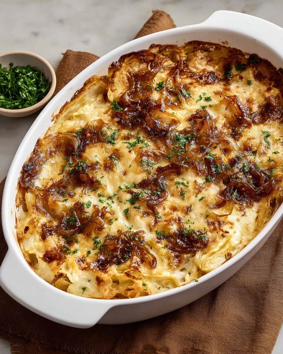 A white oval baking dish holds a golden brown baked casserole, topped with caramelized onion layers that are glossy and dark amber in color scattered unevenly over a melted cheese layer with creamy white and light golden spots. Small green herb pieces are sprinkled lightly across the surface for a fresh touch, while the edges have a slightly crispy, browned texture. The dish sits on a white marbled texture partially covered by a soft brown cloth, with a small bowl of chopped green herbs on the side, adding a fresh contrast. Photo taken with an iphone --ar 4:5 --v 7