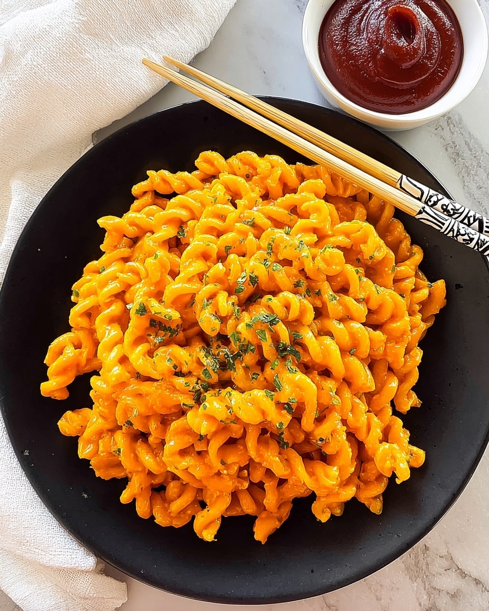 A black plate filled with bright orange pasta coated in a creamy sauce, garnished with small green herb pieces scattered on top. The pasta is curly, tightly spiraled, and piled in a thick, even layer covering the plate. A pair of light wood chopsticks with black and white decorative handles rests on the right edge of the plate, crossing slightly. To the upper right, a small white bowl holds a thick, dark red sauce with a swirled texture. The background shows a white marbled surface and a white cloth napkin partly visible on the top left. photo taken with an iphone --ar 4:5 --v 7