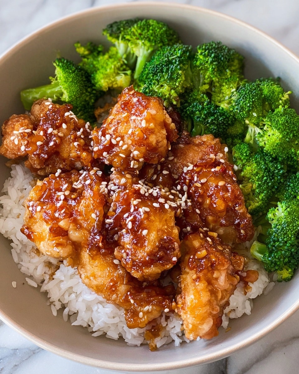 A white bowl filled with a base layer of fluffy white rice. On top of the rice, there are several pieces of glazed golden-brown fried chicken that look crispy and slightly sticky, sprinkled with white sesame seeds. Surrounding the chicken is a ring of bright green steamed broccoli florets, creating a fresh contrast to the rich chicken. The bowl sits on a white marbled surface. photo taken with an iphone --ar 4:5 --v 7