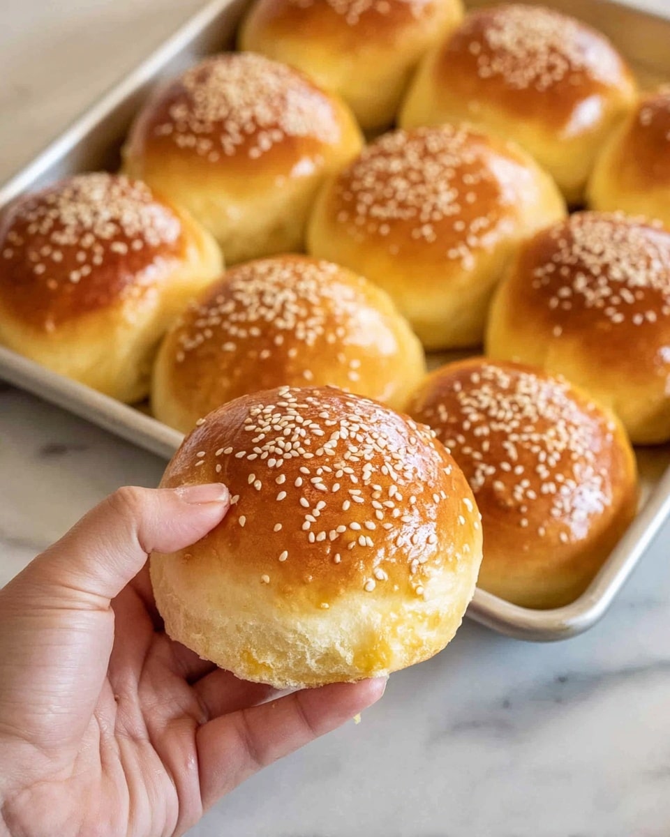 A close-up view of a freshly baked sesame seed bun held by a woman's hand in the foreground, showing a shiny golden-brown top sprinkled with white sesame seeds and a soft texture on the sides. In the background, there is a metal baking tray filled with more buns arranged closely together, each with the same golden top and white sesame seed pattern. The tray is placed on a white marbled surface. photo taken with an iphone --ar 4:5 --v 7