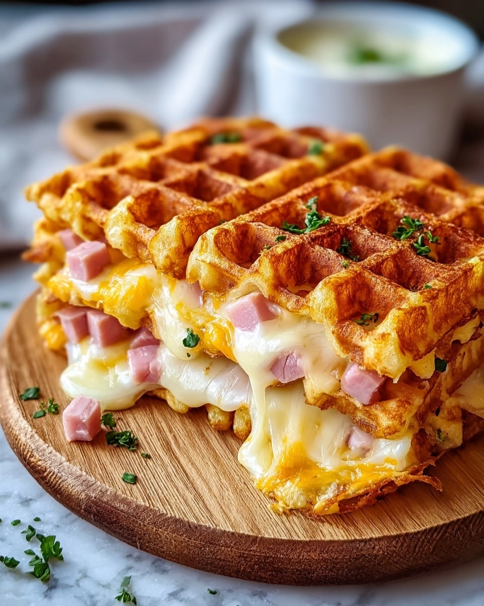 A golden-brown waffle with a crispy texture and grid pattern sits on a wooden board, showing a thick sandwich cut open slightly at the front. The sandwich has two waffle layers with melted white and yellow cheese oozing out between them, sprinkled with small cubes of pink ham inside. Small bits of green herbs are scattered on top and near the edges. In the blurred background, a white bowl with a creamy white sauce is visible on a white marbled textured surface. photo taken with an iphone --ar 4:5 --v 7