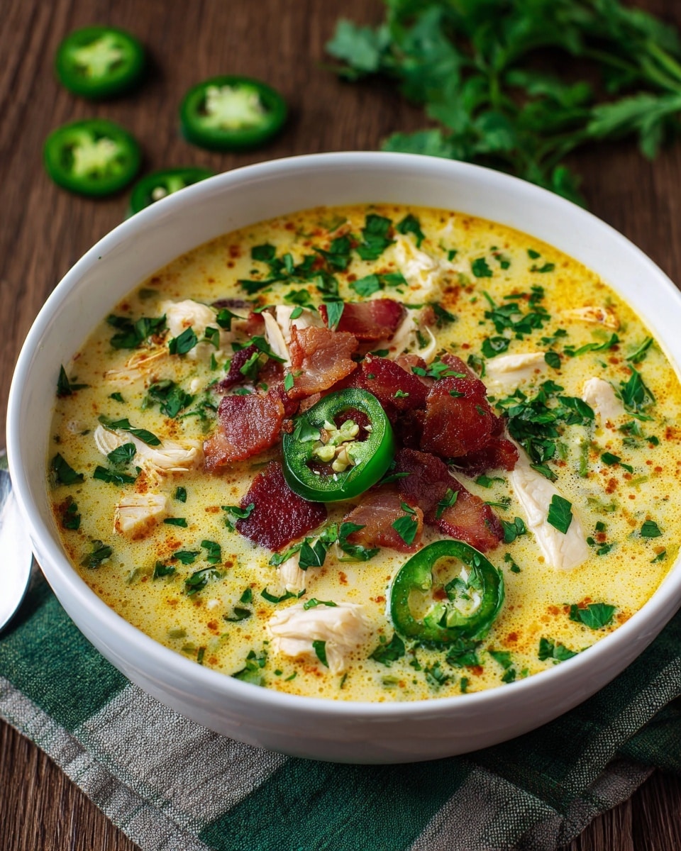 A white bowl filled with creamy yellow soup with a slightly oily surface. The soup has visible chunks of white chicken pieces scattered inside. Bright red crispy bacon bits are layered on top in the center. Slices of fresh green jalapeño peppers with seeds show on the surface, adding color contrast. The soup is sprinkled with chopped fresh green herbs all over, giving a fresh look. The bowl sits on a folded green and gray cloth on a wooden table. Some fresh herbs and sliced jalapeños are blurred in the background. Photo taken with an iphone --ar 4:5 --v 7