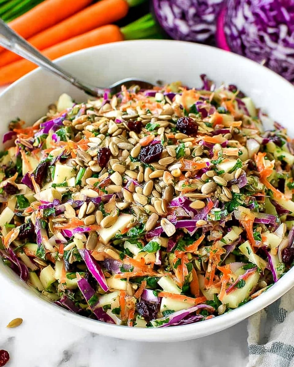 A large white bowl filled with a colorful mixed salad containing several visible layers: chopped green leafy herbs, shredded purple cabbage, orange carrot pieces, small white chunks likely apple or cabbage, and a generous sprinkle of light brown sunflower seeds scattered on top throughout. Dark red dried cranberries or raisins are mixed evenly in the salad adding contrast to the light and bright colors. The bowl sits on a white marbled surface with blurred fresh vegetables like purple cabbage and orange carrot in the background. There is a silver fork partially tucked into the salad on the left side. photo taken with an iphone --ar 4:5 --v 7